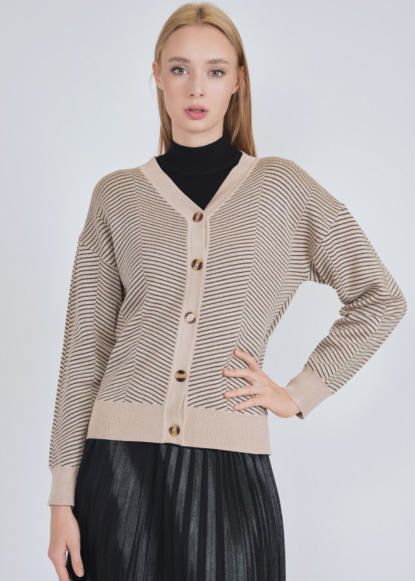 Cream Cardigan with Buttoned Front & Subtle Stripes