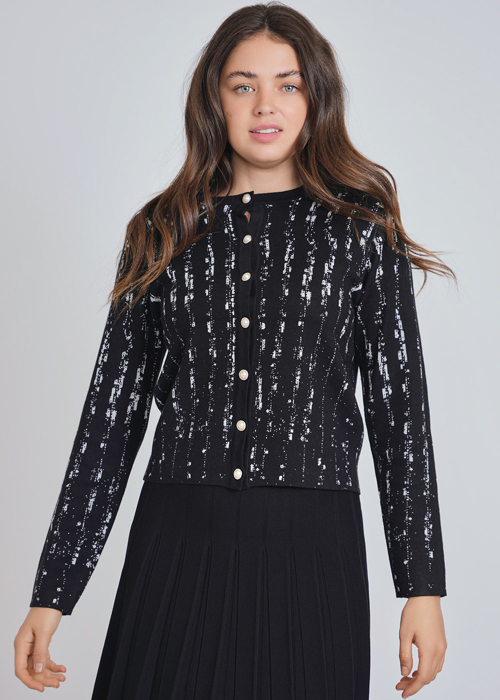 Graphically Grand: Black Button-Up Cardigan