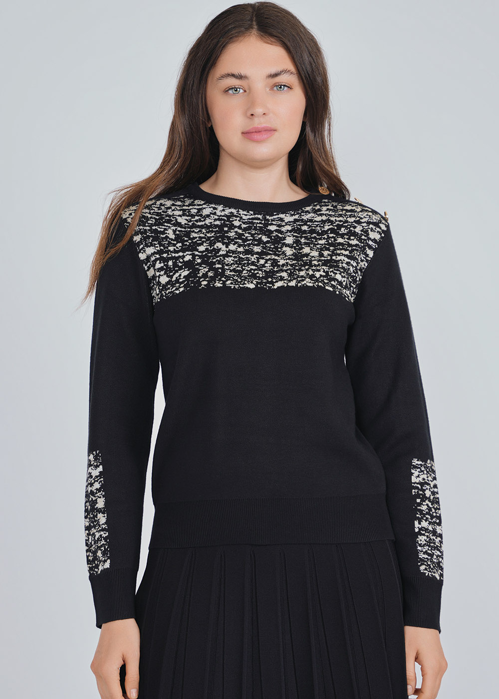 Black Knit Top with White Abstract Details