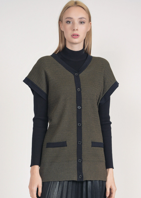 Olive Green Ribbed Vest: Buttoned Elegance