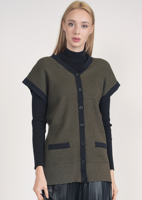 Olive Green Ribbed Vest: Buttoned Elegance
