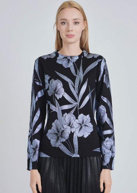 Nature's Whisper: Black Knit with Blue Floral & Foliage Patterns