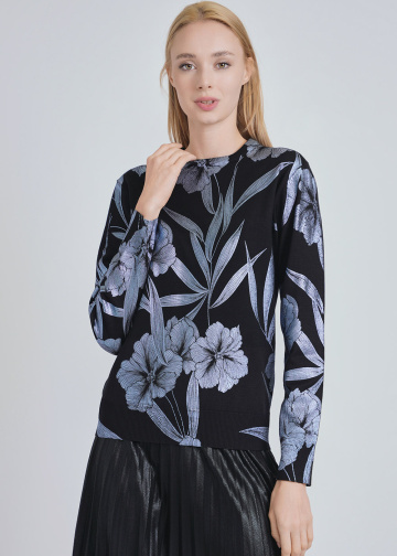 Nature's Whisper: Black Knit with Blue Floral & Foliage Patterns