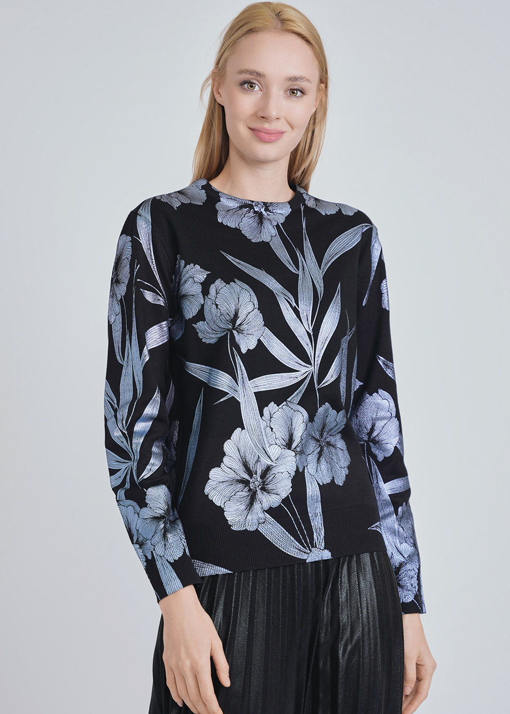 Nature's Whisper: Black Knit with Blue Floral & Foliage Patterns