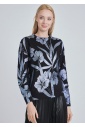 Nature's Whisper: Black Knit with Blue Floral & Foliage Patterns