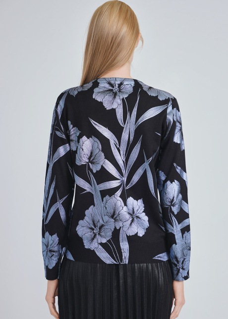 Nature's Whisper: Black Knit with Blue Floral & Foliage Patterns