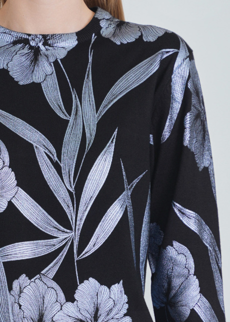Nature's Whisper: Black Knit with Blue Floral & Foliage Patterns