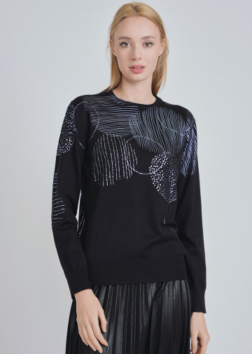 Black Sweater with Captivating Blue Print Accent