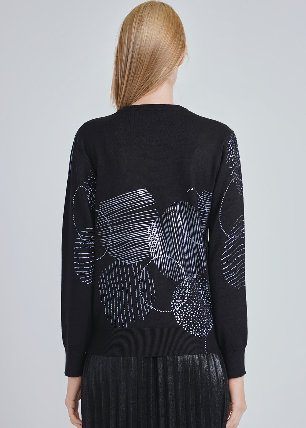 Black Sweater with Captivating Blue Print Accent