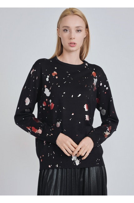 Unique Spotted Patterns on Black Knit Sweater