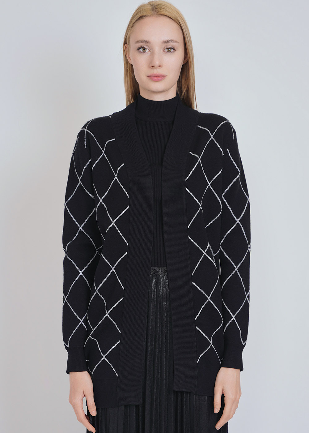 Black Knit Cardigan: Subtle White Geometric Accents