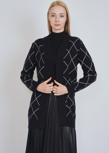 Black Knit Cardigan: Subtle White Geometric Accents