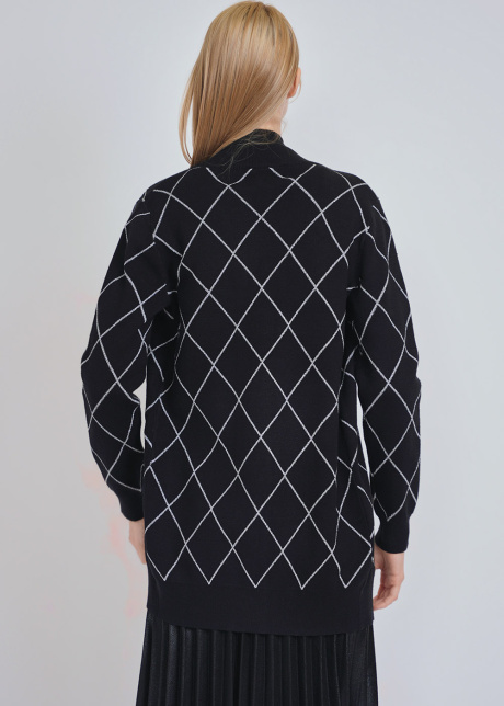Black Knit Cardigan: Subtle White Geometric Accents