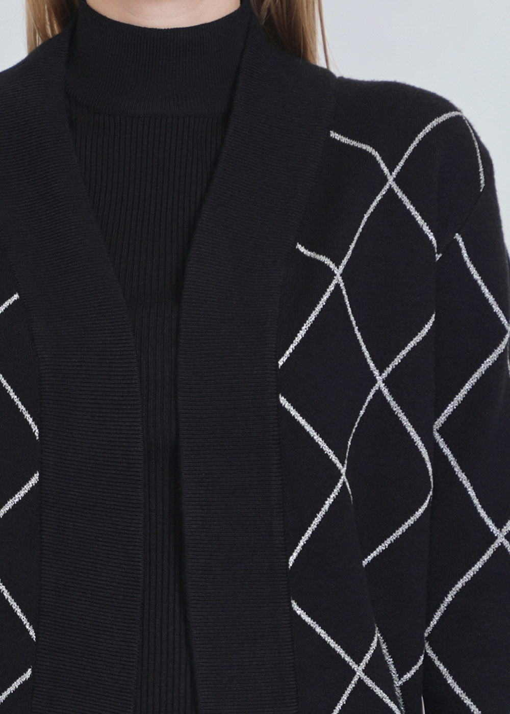Black Knit Cardigan: Subtle White Geometric Accents