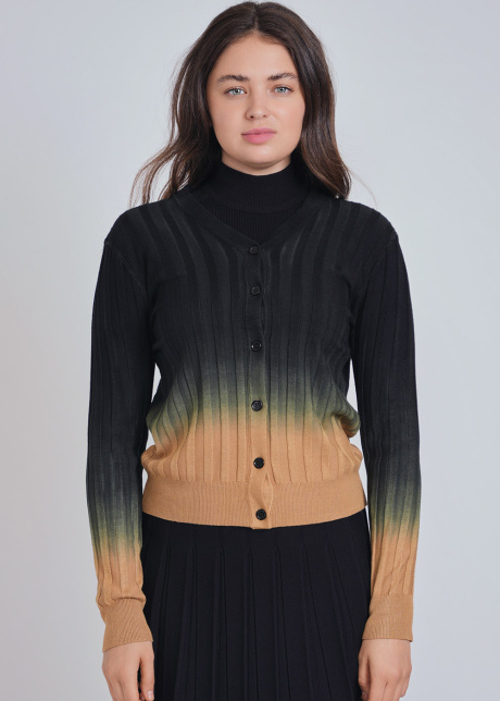 Melding Shades Cardigan: Camel to Black Rib Knit