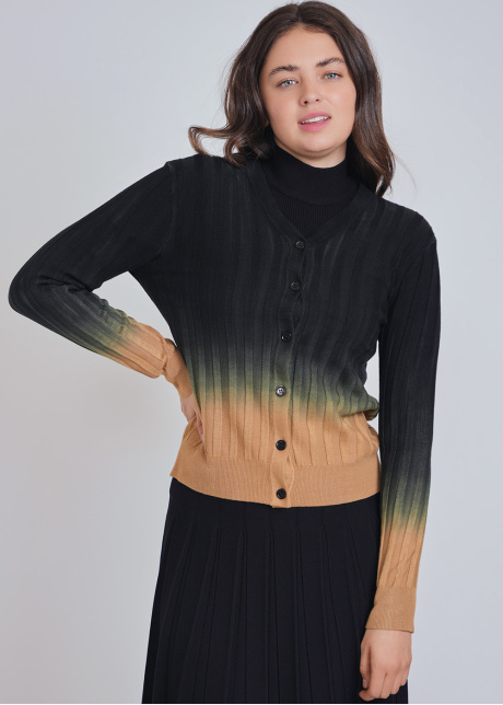 Melding Shades Cardigan: Camel to Black Rib Knit