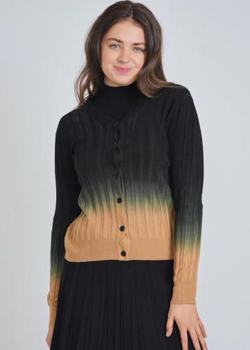Melding Shades Cardigan: Camel to Black Rib Knit