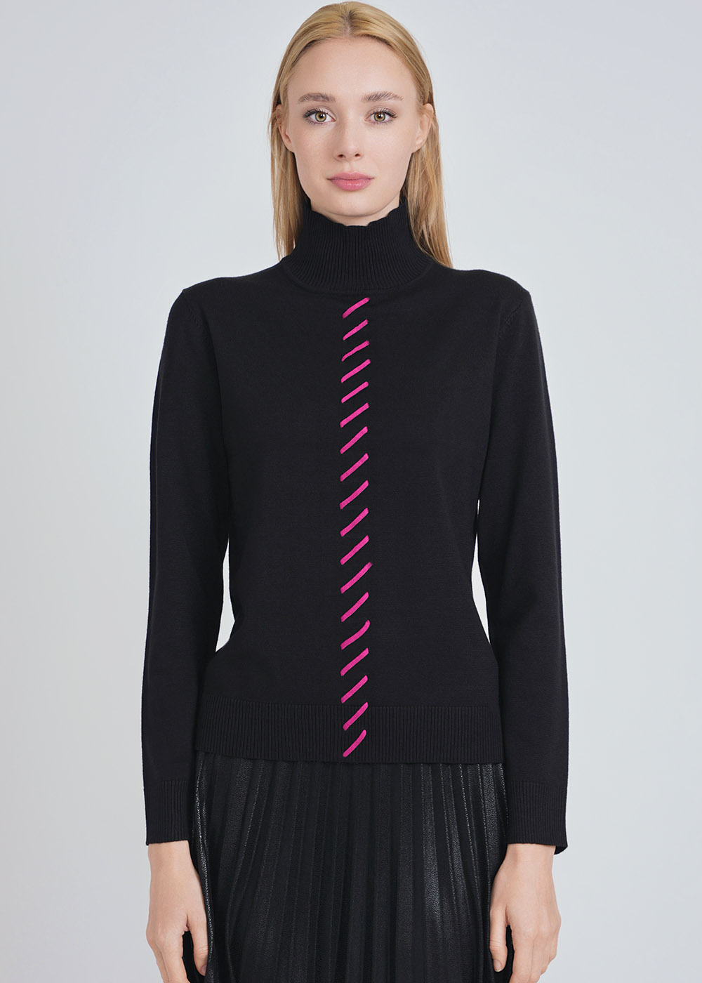 Black Sweater with High Neck & Pink Front Accent
