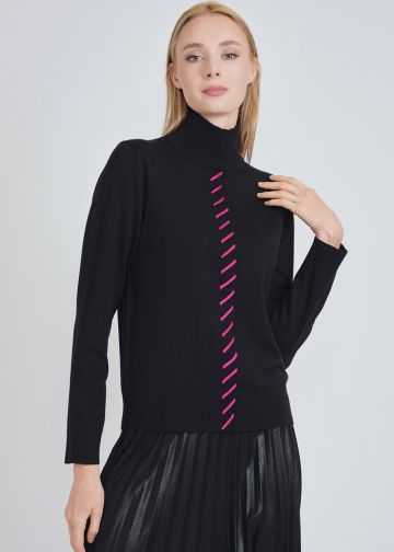 Black Sweater with High Neck & Pink Front Accent