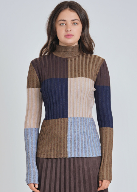 High-Neck Sweater: Multi Color-Block & Ribbed