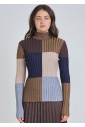 High-Neck Sweater: Multi Color-Block & Ribbed