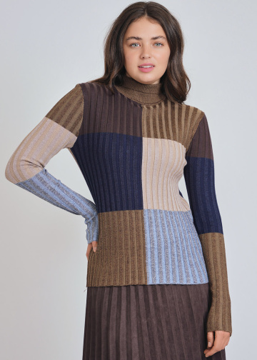 High-Neck Sweater: Multi Color-Block & Ribbed