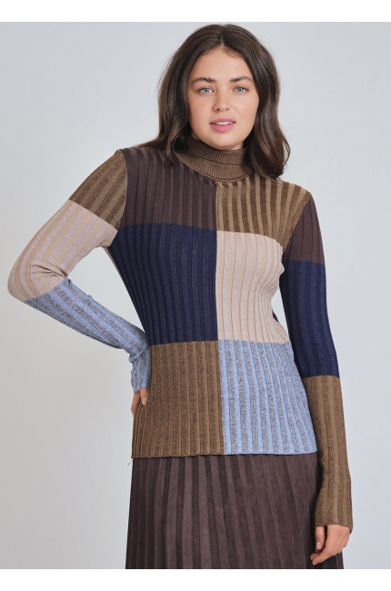 High-Neck Sweater: Multi Color-Block & Ribbed