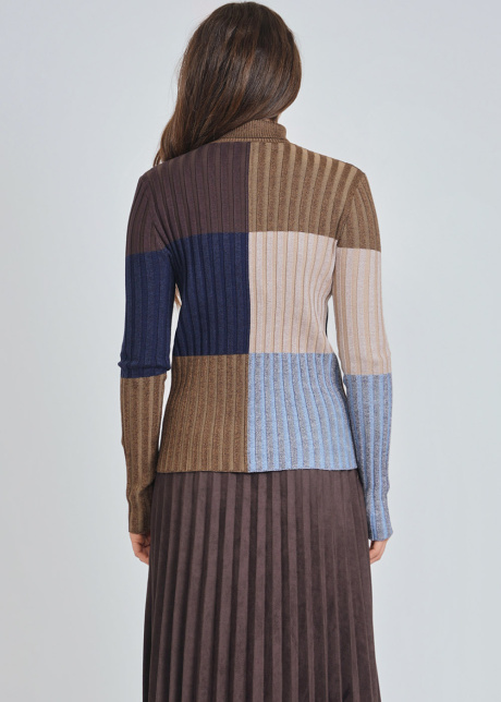 High-Neck Sweater: Multi Color-Block & Ribbed