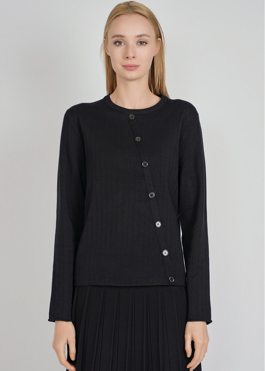 Black Ribbed Crew Neck Sweater With Stylish Buttons