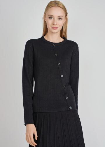 Black Ribbed Crew Neck Sweater With Stylish Buttons