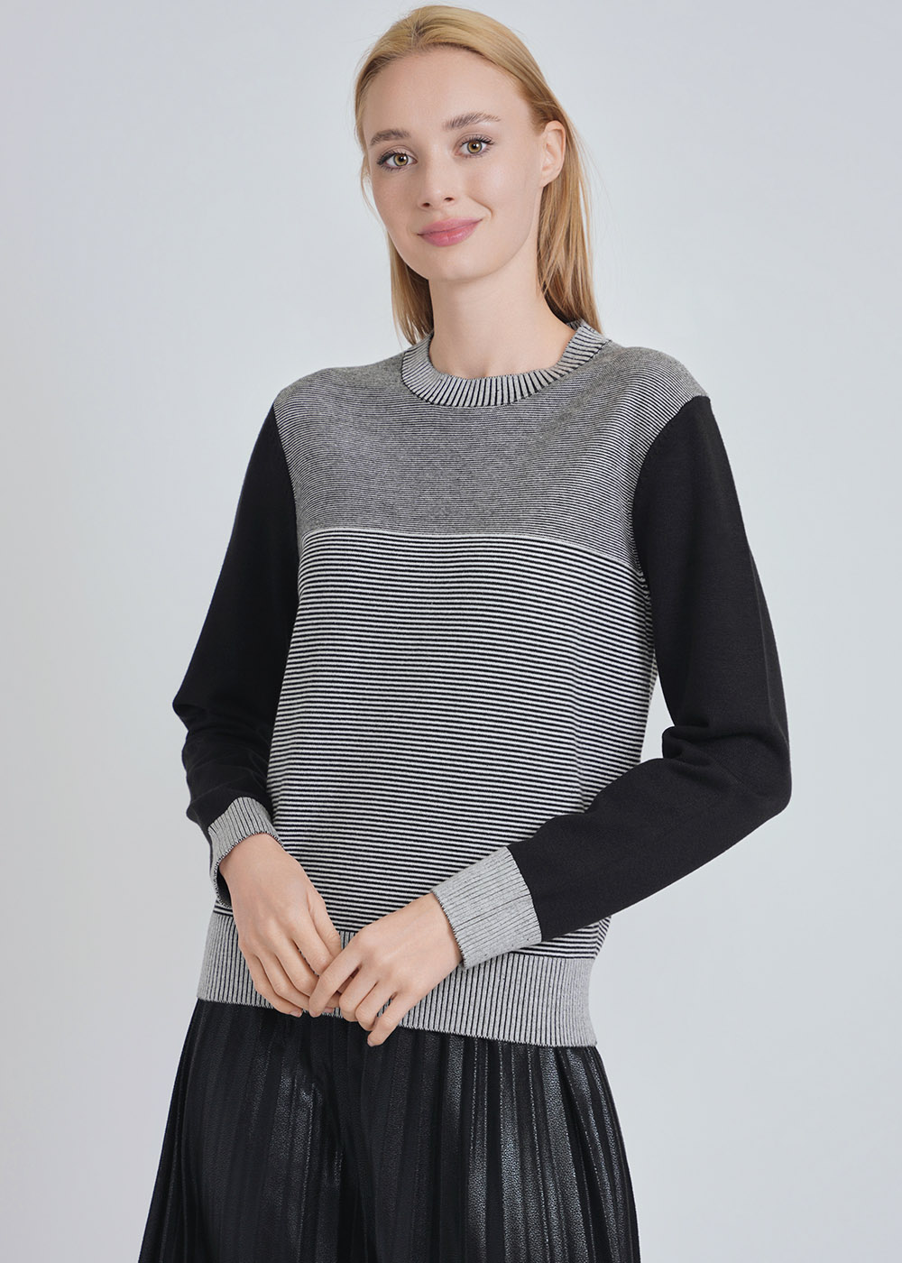 Dynamic Duo: Black Sleeved & Striped Core Knit Top