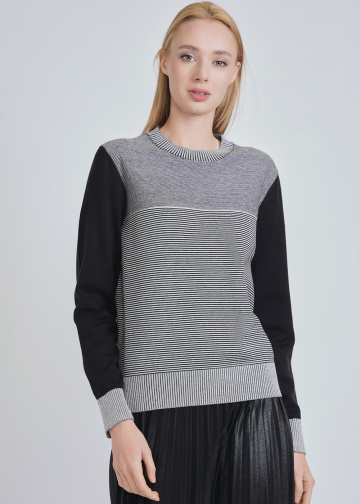 Dynamic Duo: Black Sleeved & Striped Core Knit Top