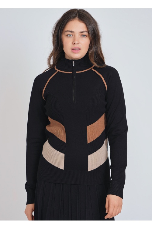 High Collar Black Top with Zip Feature