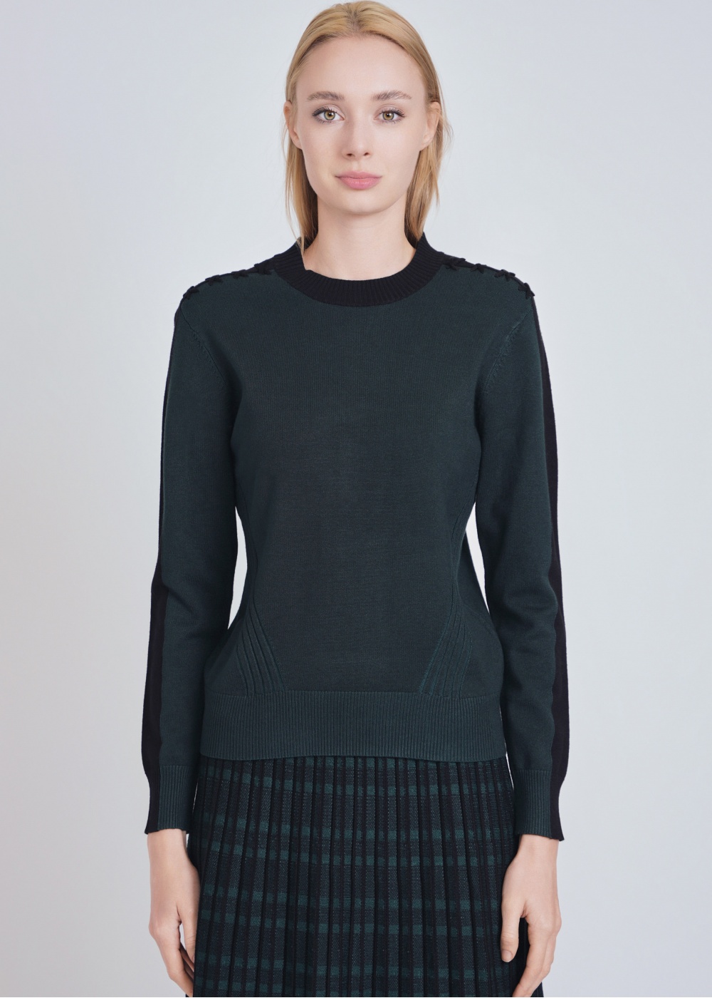 Nature's Embrace: Green Sweater with Black Sleeve Design