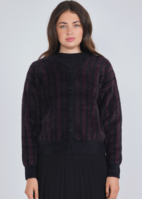 Warmth in Stripes: Burgundy & Black Cardigan in Furry Texture