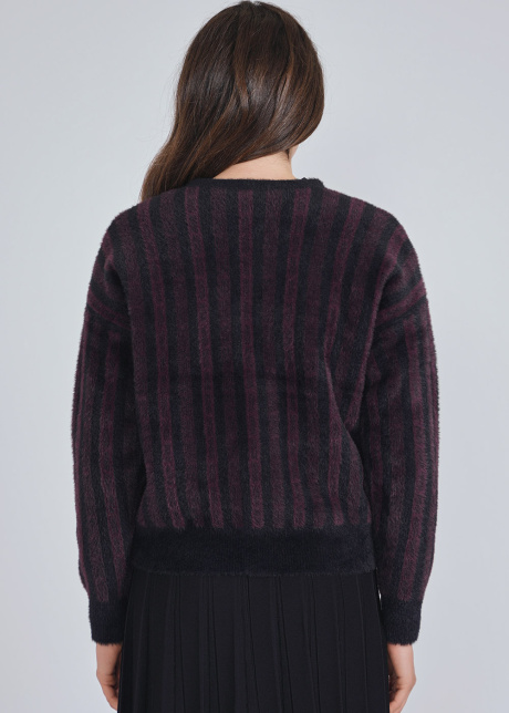 Warmth in Stripes: Burgundy & Black Cardigan in Furry Texture