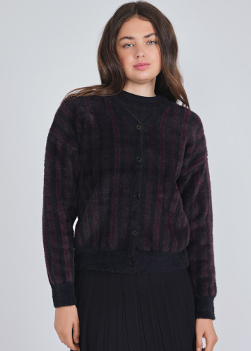 Warmth in Stripes: Burgundy & Black Cardigan in Furry Texture