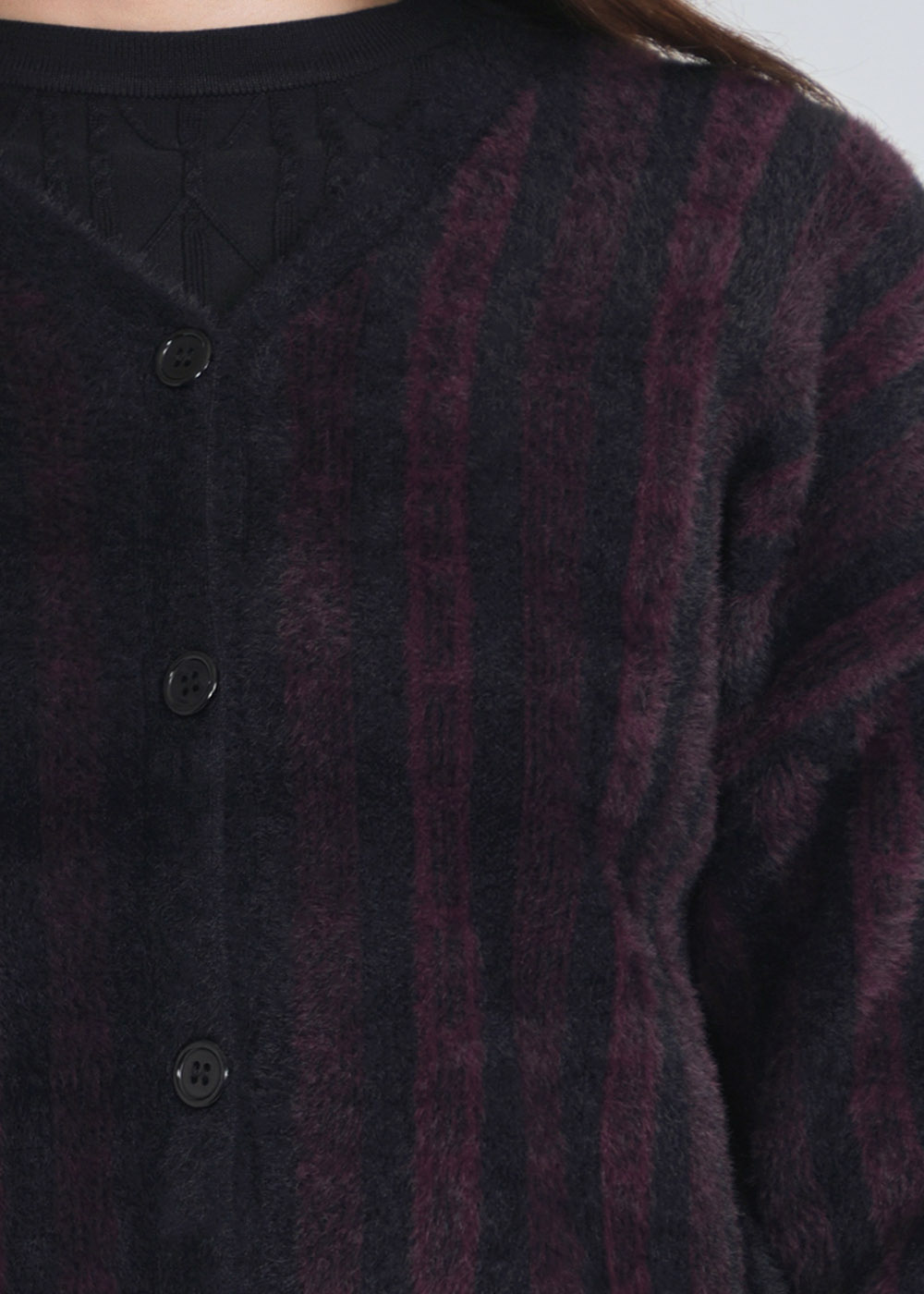 Warmth in Stripes: Burgundy & Black Cardigan in Furry Texture