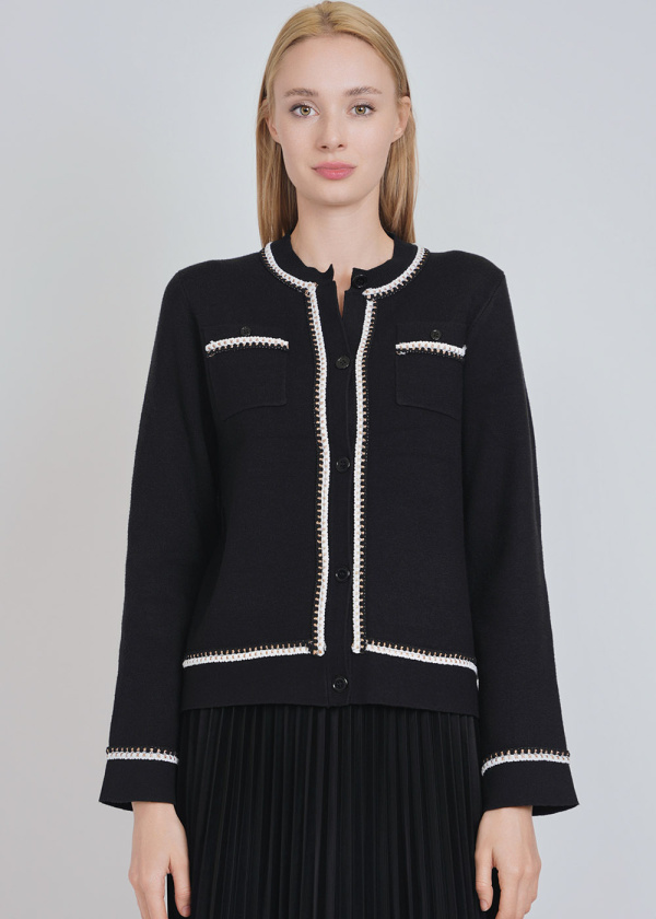 Black Cardigan Infused with White Tints and Buttons
