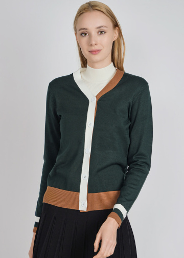 Forest Green Buttoned Cardigan with Dual-tone Edges