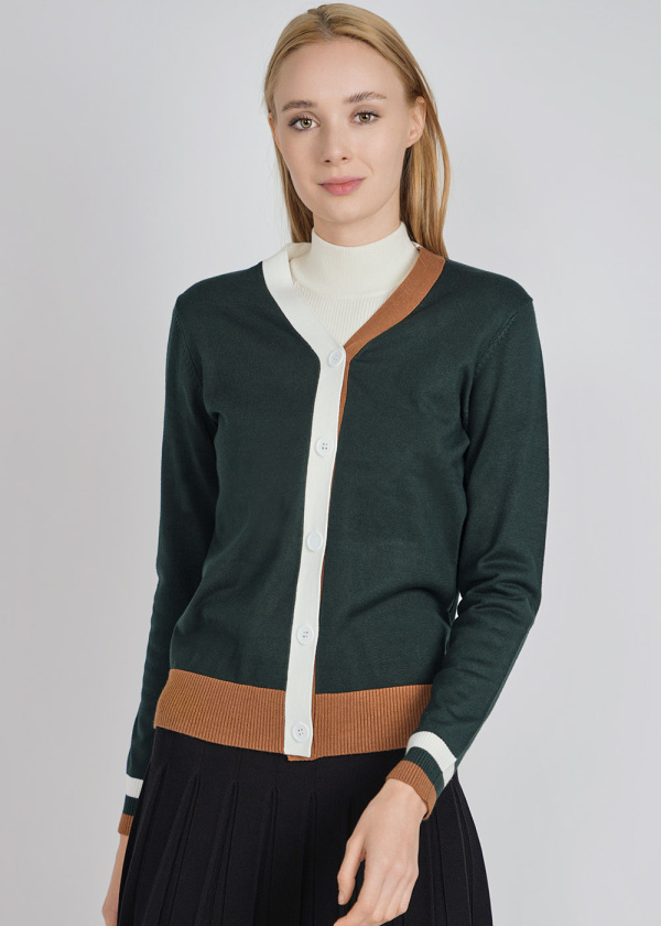 Forest Green Buttoned Cardigan with Dual-tone Edges