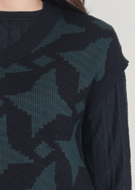 Knitted Harmony: Green & Black V-Neck Waistcoat