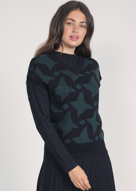 Knitted Harmony: Green & Black V-Neck Waistcoat
