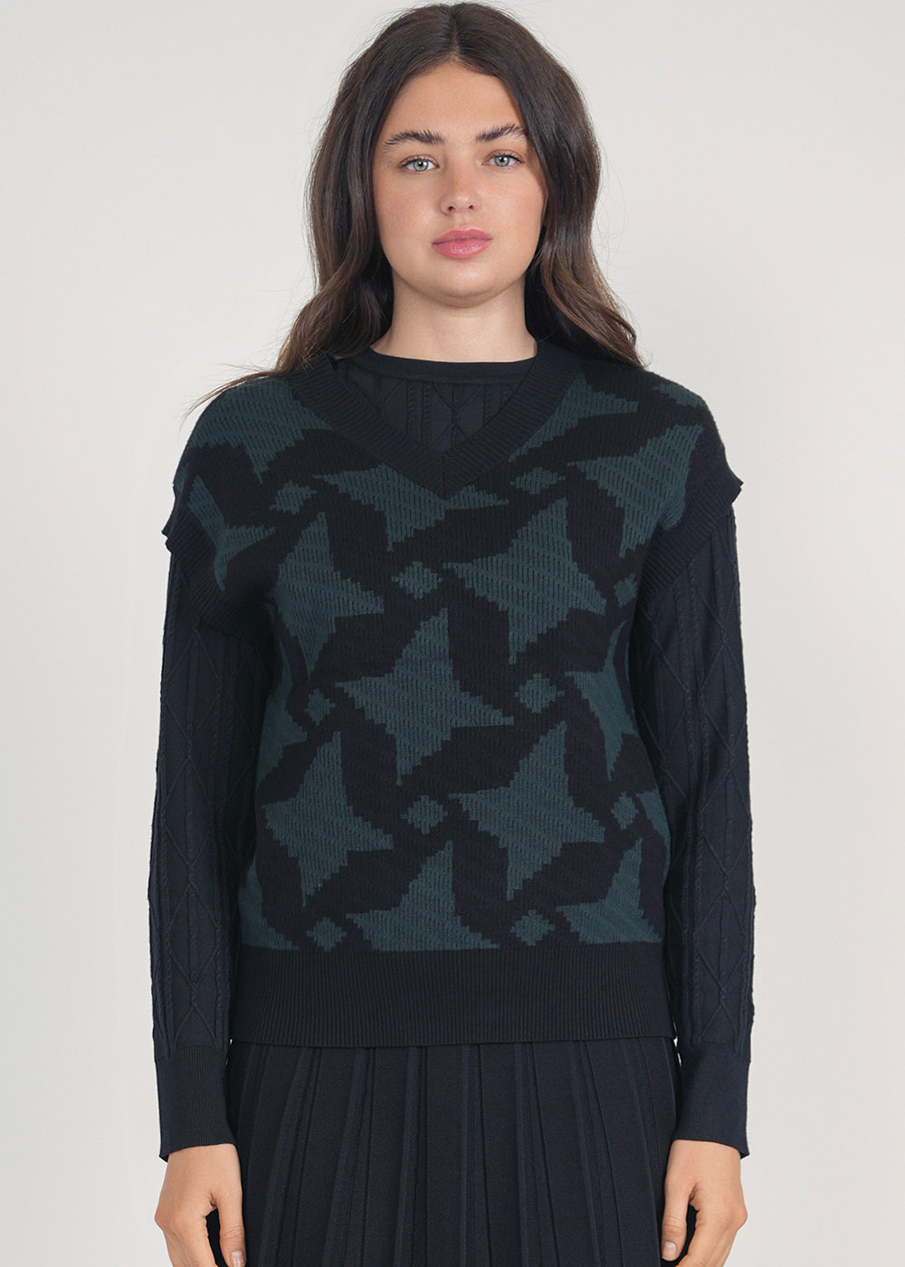 Knitted Harmony: Green & Black V-Neck Waistcoat