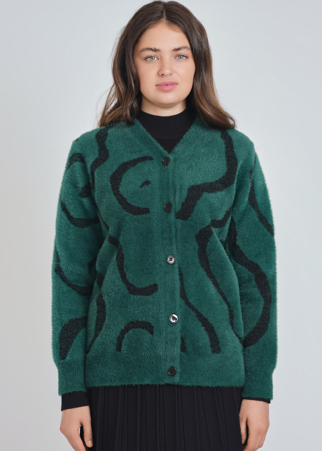 Green Cardigan Comfort: Soft Furry Knit with V-Neck Design