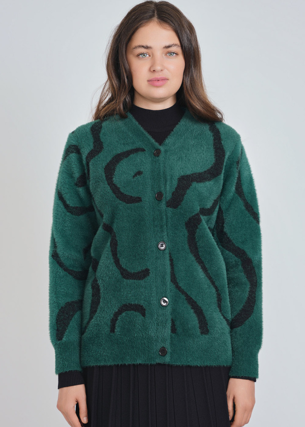 Green Cardigan Comfort: Soft Furry Knit with V-Neck Design