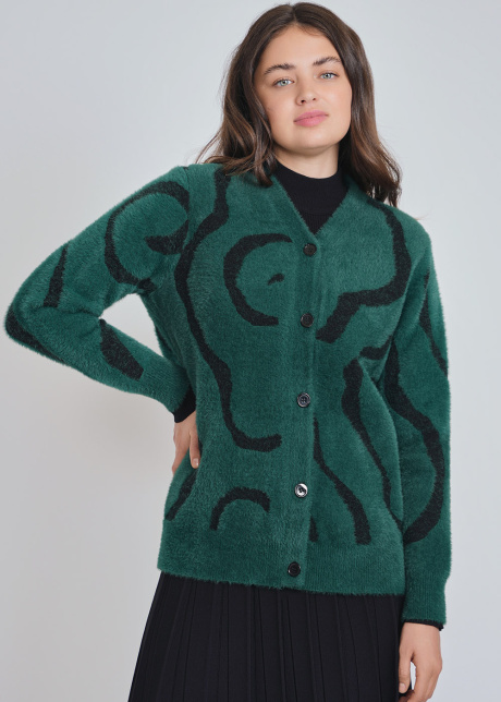 Green Cardigan Comfort: Soft Furry Knit with V-Neck Design