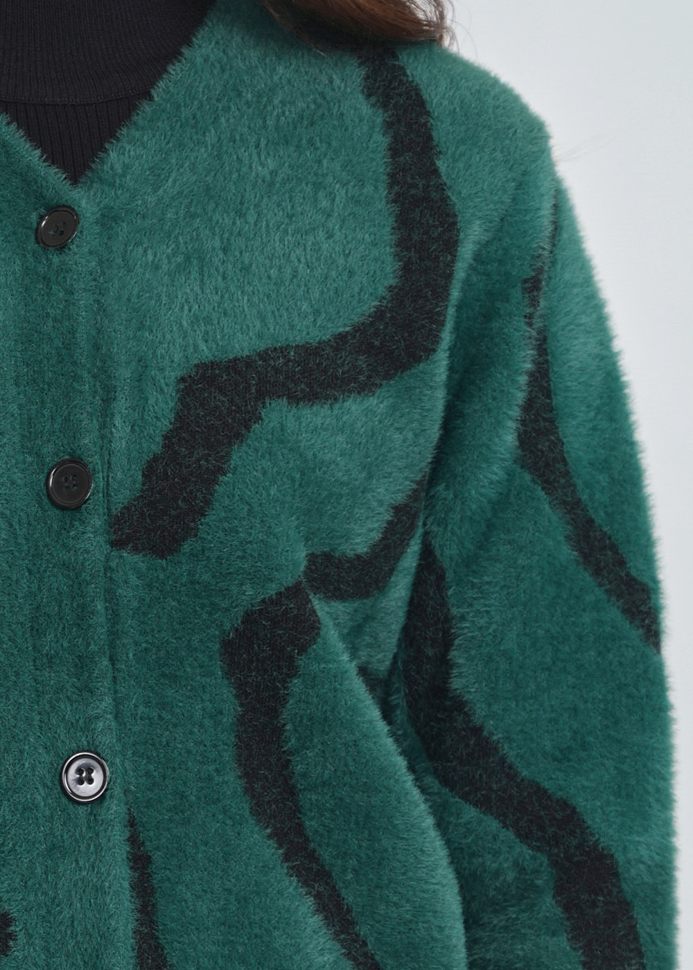 Green Cardigan Comfort: Soft Furry Knit with V-Neck Design