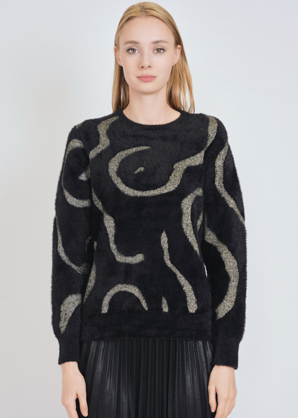Black Furry Knit Top with Golden Highlights