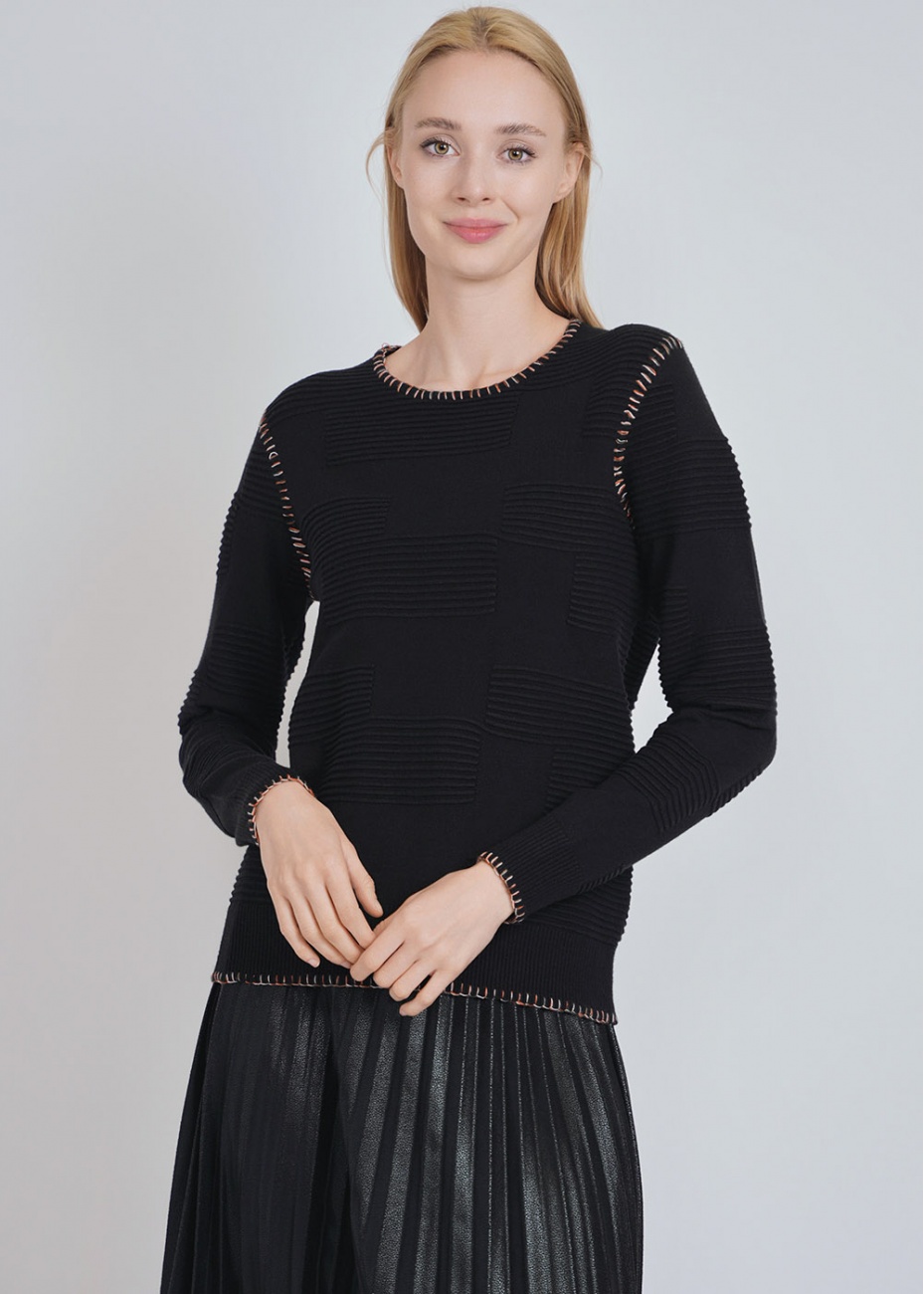 Classic Black Ribbed Detail Knit Pullover
